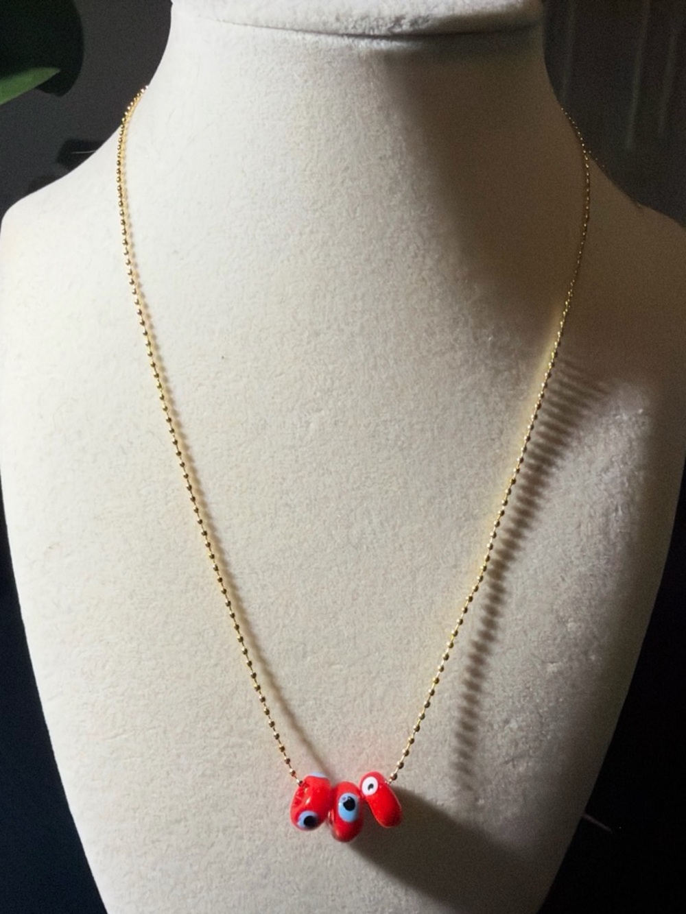 Gold Chain Necklace with Red Glass Eye Beads